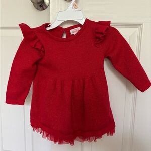 Red Sweater with Tulle design on Bottom of Shirt and Ruffle on Sleeves